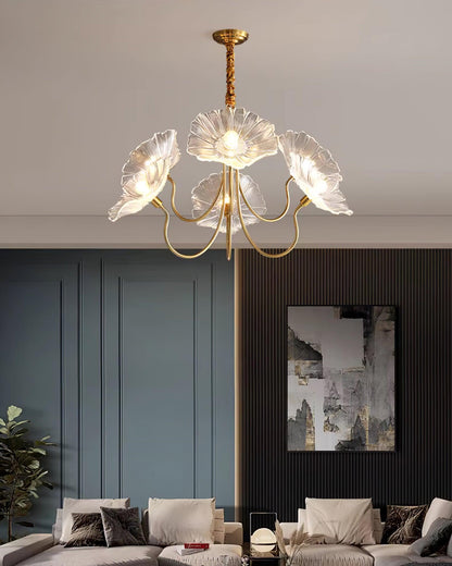 Frosted Glass Floral Pendant Light 35 in Multi-Arm Hanging Fixture Clear Pink Gold Overhead Illumination Dining Living Foyer Entry Modern In