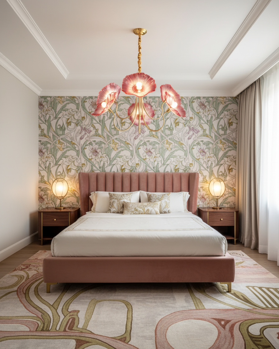 Frosted Glass Floral Pendant Light 35 in Multi-Arm Hanging Fixture Clear Pink Gold Overhead Illumination Dining Living Foyer Entry Modern In