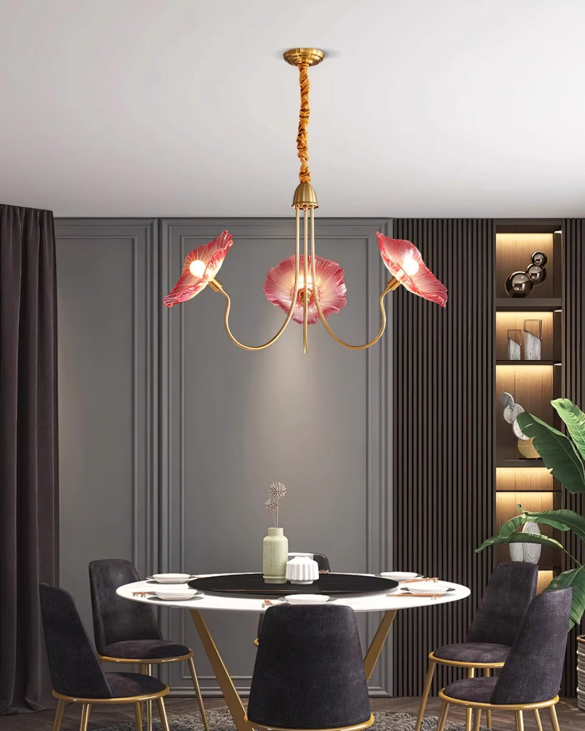 Frosted Glass Floral Pendant Light 35 in Multi-Arm Hanging Fixture Clear Pink Gold Overhead Illumination Dining Living Foyer Entry Modern In