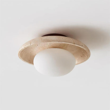 Compact Flush Mount Light Fixture with Natural Stone and Wood 10 in Round for Entryway Bedroom Low Profile Wall or Ceiling Installation