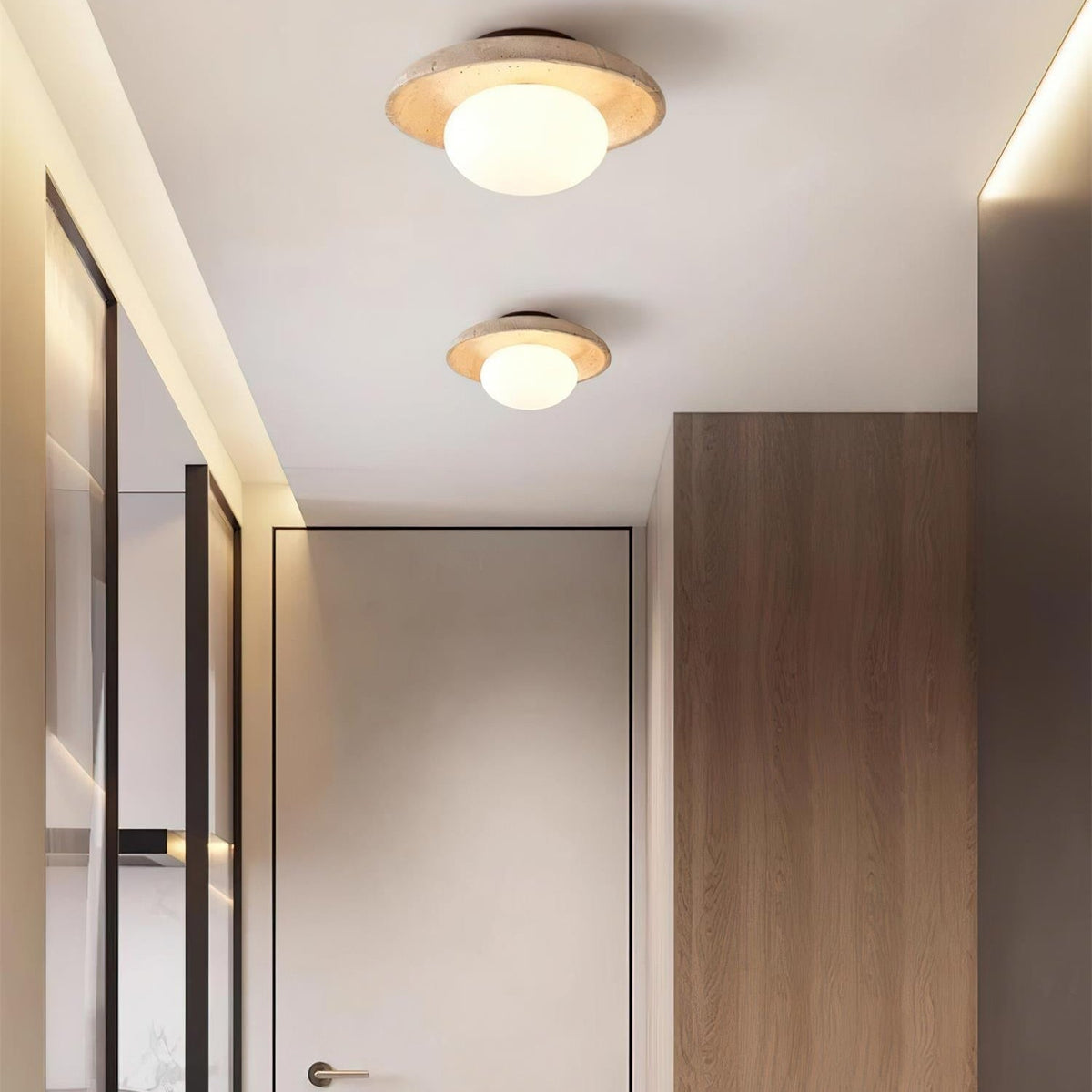 Compact Flush Mount Light Fixture with Natural Stone and Wood 10 in Round for Entryway Bedroom Low Profile Wall or Ceiling Installation