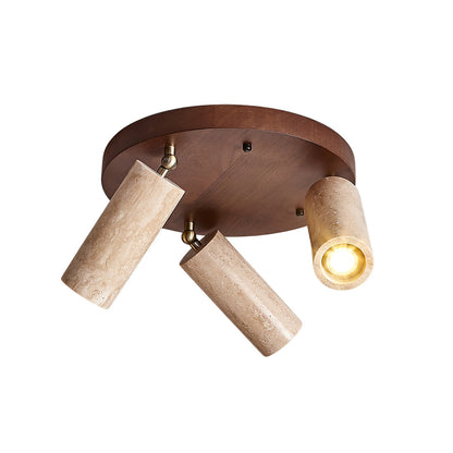 Triple-Head Swivel Spotlight with Natural Stone Cylinders & Wood Base – Directional Accent Light for Kitchens, Entryways & Living Areas