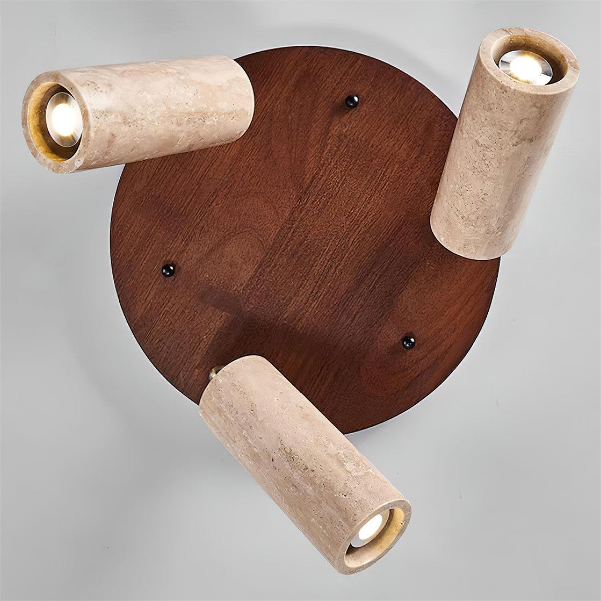 Triple-Head Swivel Spotlight with Natural Stone Cylinders & Wood Base – Directional Accent Light for Kitchens, Entryways & Living Areas