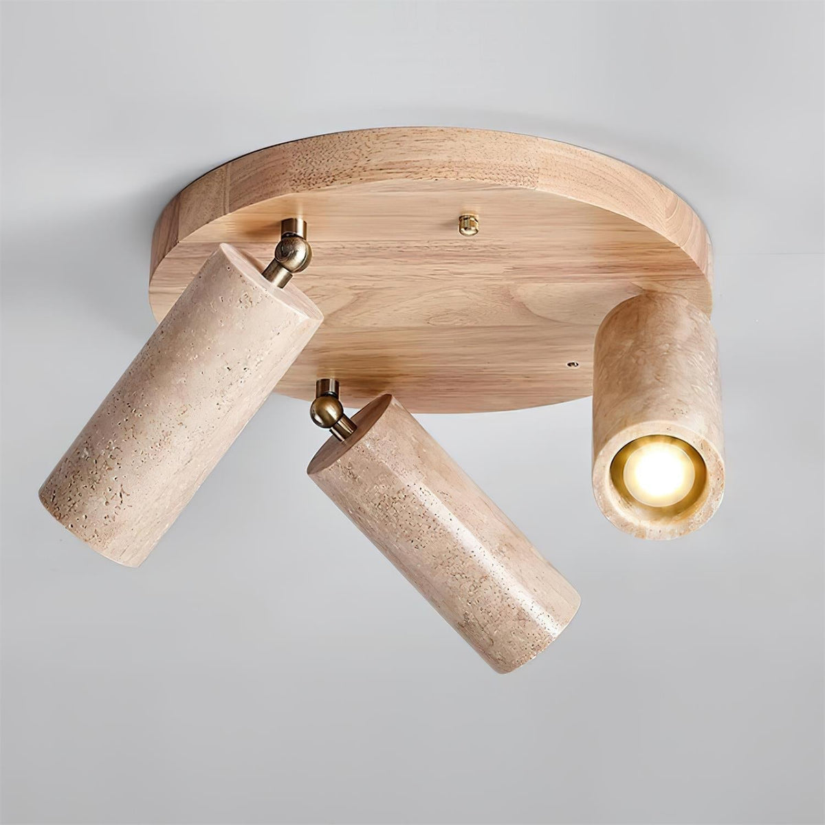 Triple-Head Swivel Spotlight with Natural Stone Cylinders & Wood Base – Directional Accent Light for Kitchens, Entryways & Living Areas