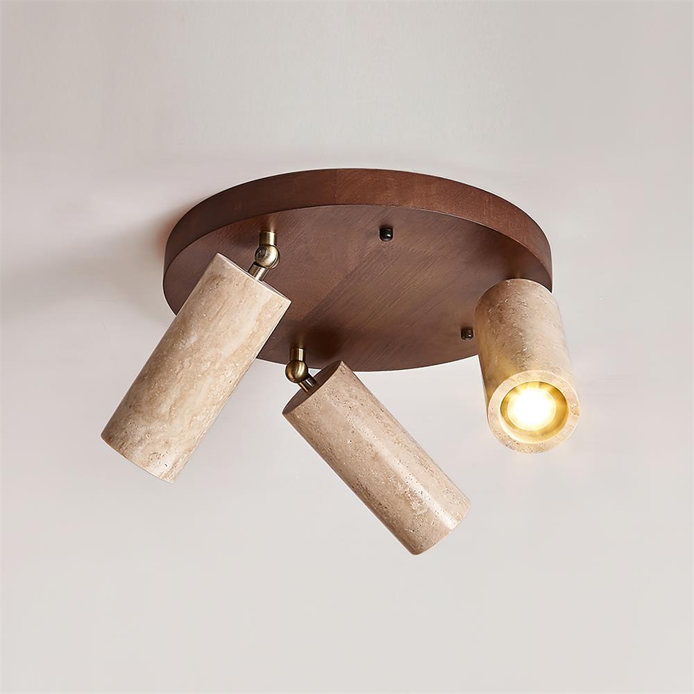 Triple-Head Swivel Spotlight with Natural Stone Cylinders & Wood Base – Directional Accent Light for Kitchens, Entryways & Living Areas