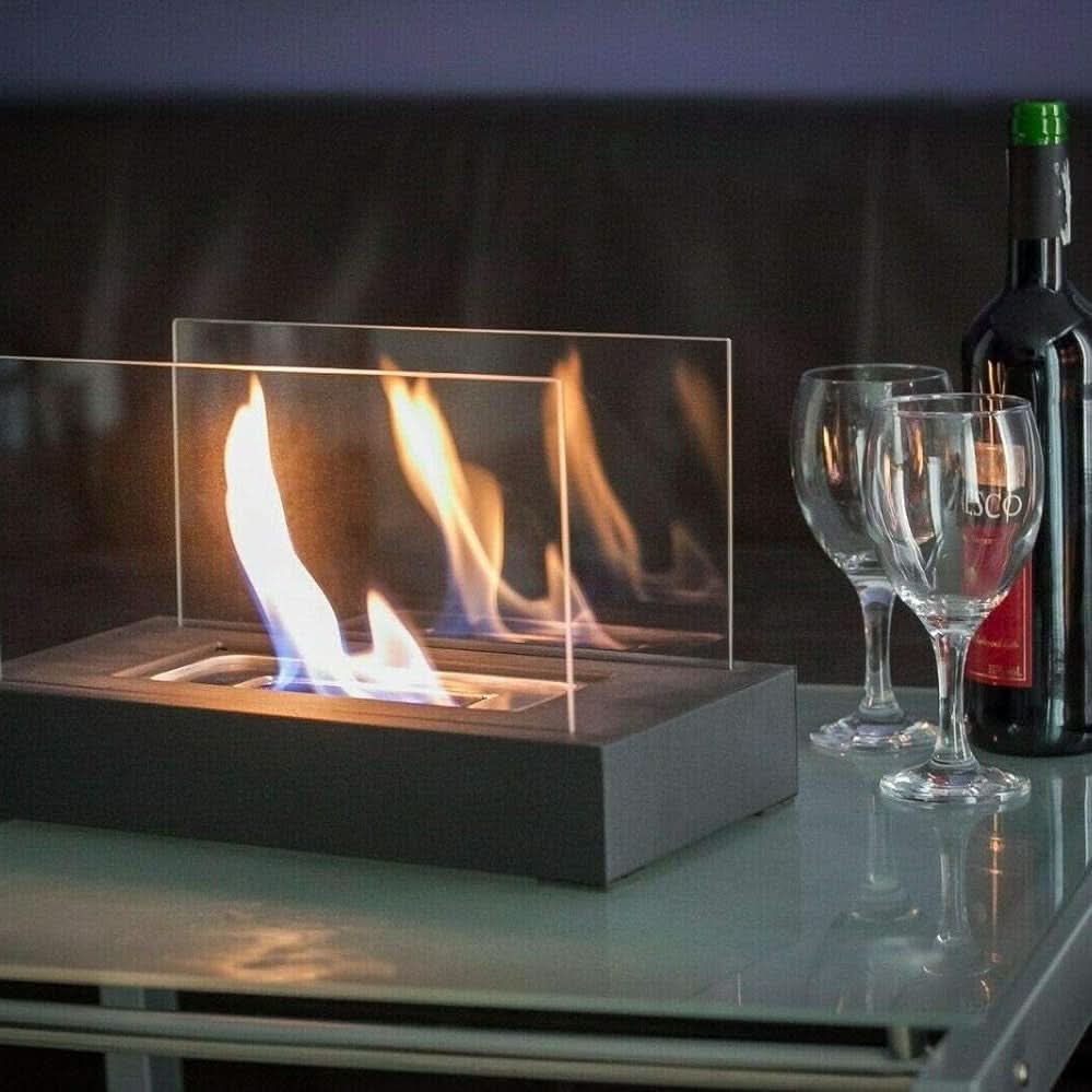 Compact Bioethanol Flame Bowl Steel & Glass 11 in Desk Fire Pit Indoor Outdoor Ambiance Heater Portable Eco Table Top Burner Living Room Pat