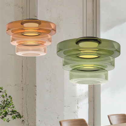 Tiered Glass Hanging Fixture 18 in Amber with Integrated LED for Island Kitchens Dining Areas Living Spaces Modern Minimalist Bauhaus-Inspir
