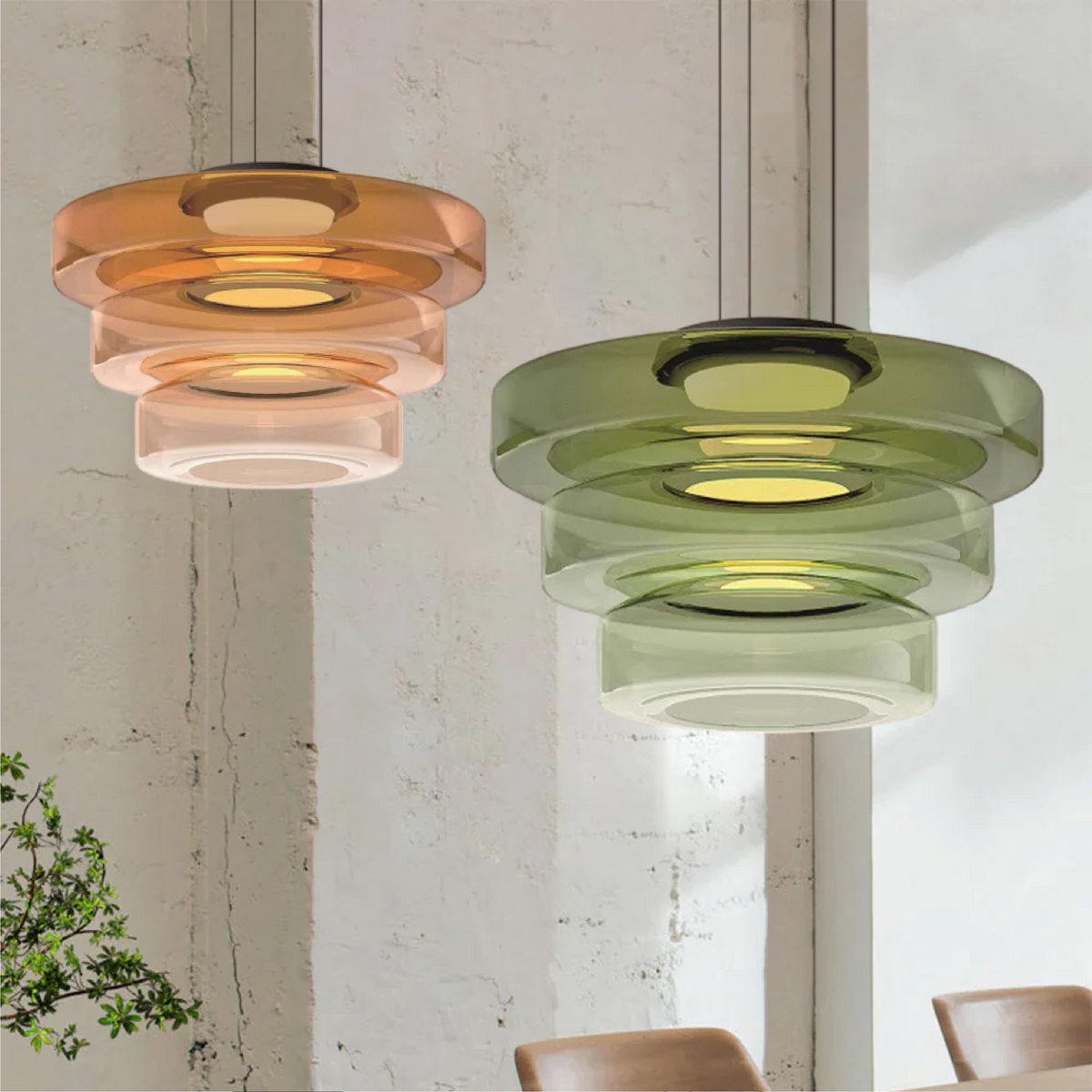 Stacked Glass Shade Ceiling Fixture 18 in Diameter Adjustable Height 12W Warm LED Kitchen Island Dining Room Modern Sculptural Hanging Light