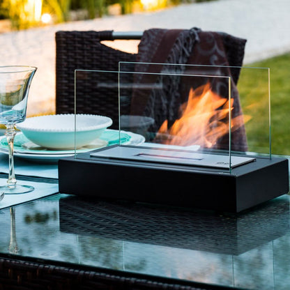 Compact Bioethanol Flame Bowl Steel & Glass 11 in Desk Fire Pit Indoor Outdoor Ambiance Heater Portable Eco Table Top Burner Living Room Pat