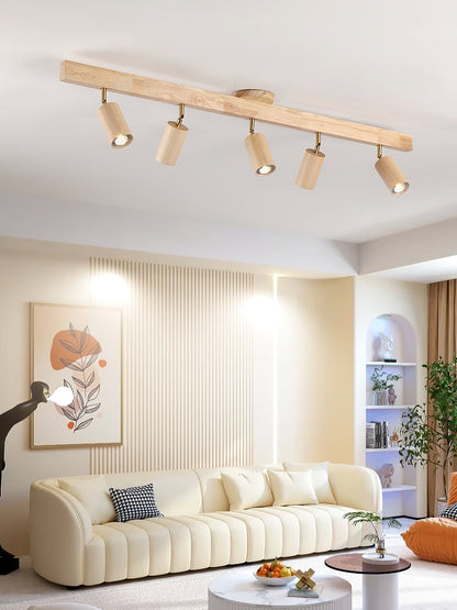 Multi-Head Track Spotlight with Wooden Shades for Kitchen, Dining Room & Living Room | Adjustable LED Rail Fixture | Rustic Farmhouse Ceilin