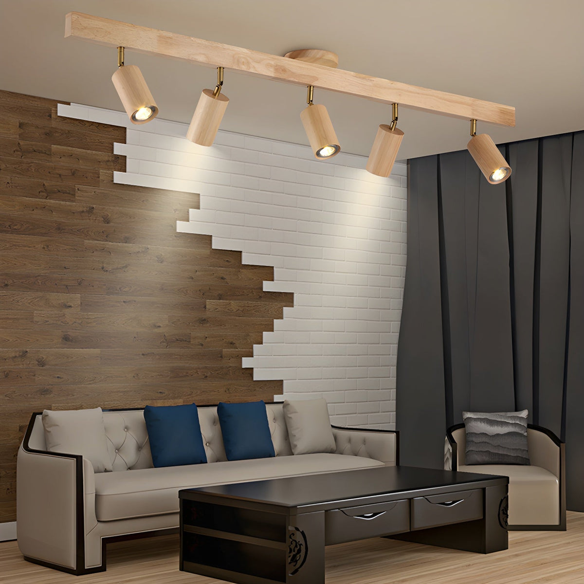 Multi-Head Track Spotlight with Wooden Shades for Kitchen, Dining Room & Living Room | Adjustable LED Rail Fixture | Rustic Farmhouse Ceilin