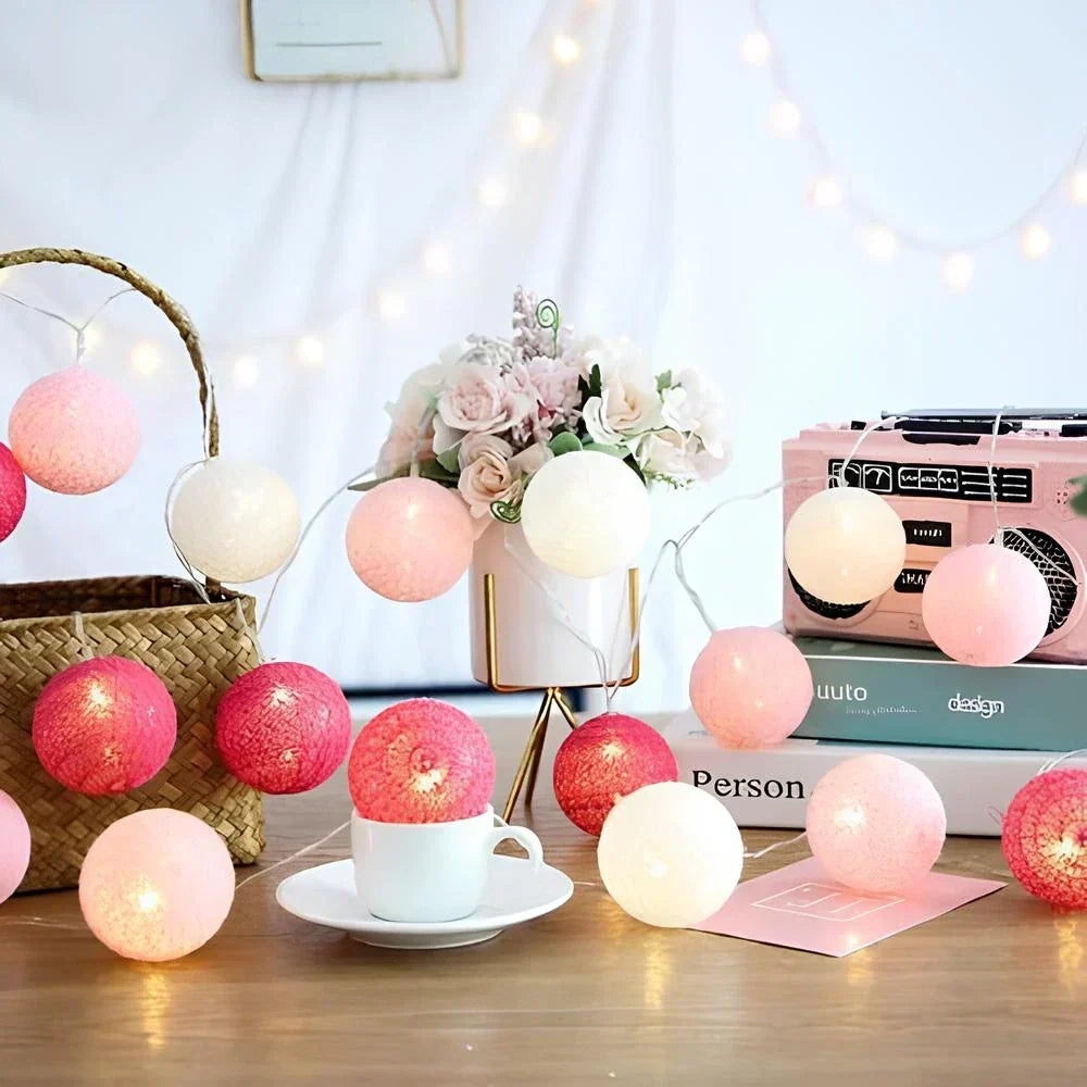 Cotton Ball String Lights with Soft Woven Globes for Bedroom, Living Room & Party Decor – USB or Battery Powered Fairy Lights