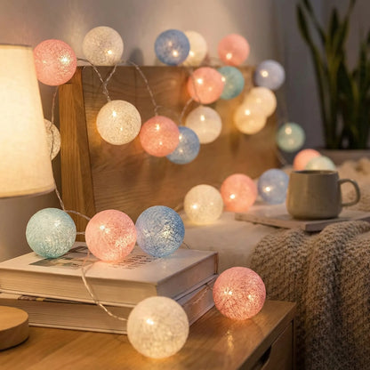 Cotton Ball String Lights with Soft Woven Globes for Bedroom, Living Room & Party Decor – USB or Battery Powered Fairy Lights