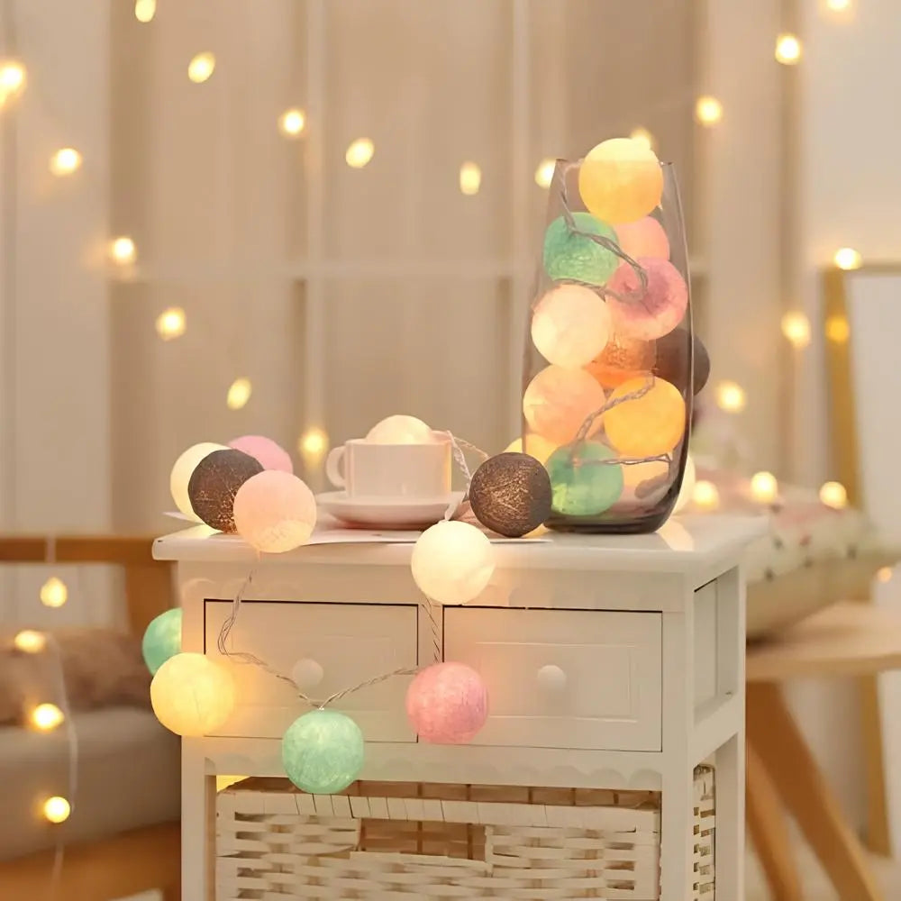Cotton Ball String Lights with Soft Woven Globes for Bedroom, Living Room & Party Decor – USB or Battery Powered Fairy Lights