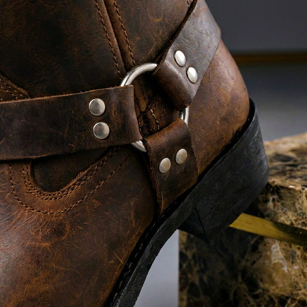 Men's Western Harness Boots with Metal Buckle Detail Vintage Cowboy Style Mid-Calf Leather for Casual Everyday Wear