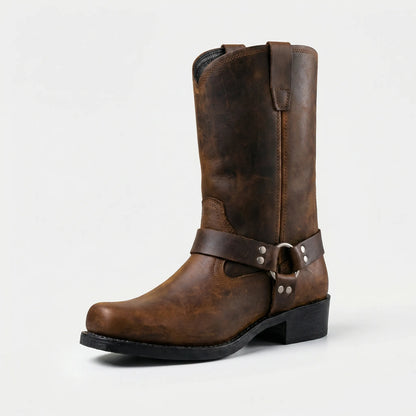 Men's Western Harness Boots with Metal Buckle Detail Vintage Cowboy Style Mid-Calf Leather for Casual Everyday Wear