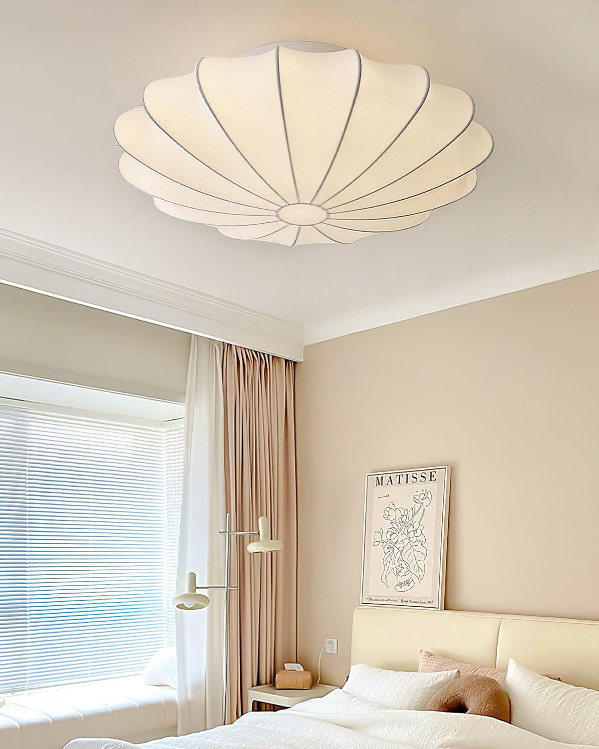 Flush Mount Pendant with Silk Shade White Metal Base for Bedroom Living Room Hallway Soft Glow E26 Socket 40W Compatible Wall or Ceiling Ins