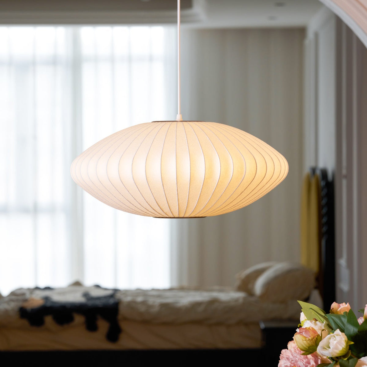 Steel Wire Silk Shade Ceiling Light 20 in White for Kitchen Island Dining Room Modern Pendant Lamp Hanging Fixture Adjustable Cord E26 Base