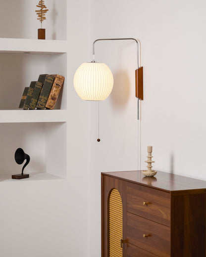 Swivel Sphere Wall Light with Adjustable Cord 15.7 in Walnut Chrome Finish Plug-In LED Sconce for Bedroom Office Living Room