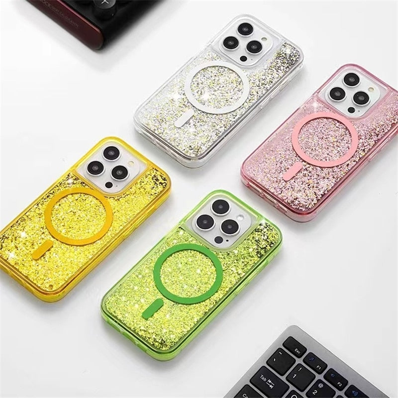 Glitter Liquid Quicksand MagSafe iPhone Case with Anti-Fingerprint TPU Shockproof Protection for iPhone 13 14 15 16 17 Pro Max Air