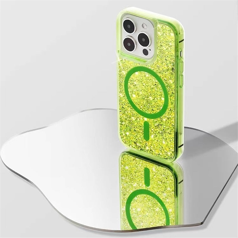 Glitter Liquid Quicksand MagSafe iPhone Case with Anti-Fingerprint TPU Shockproof Protection for iPhone 13 14 15 16 17 Pro Max Air