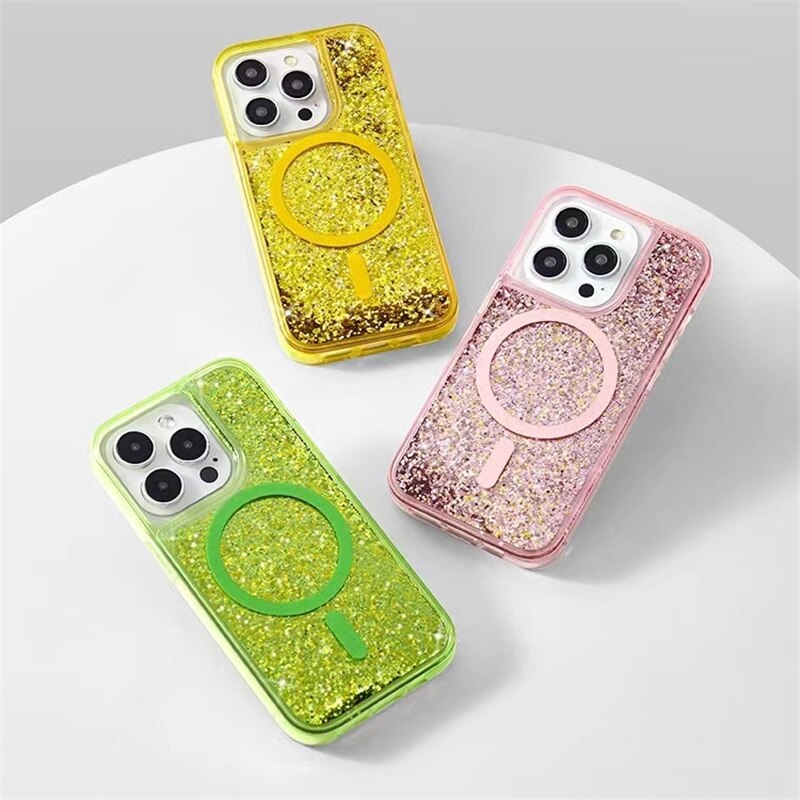 Glitter Liquid Quicksand MagSafe iPhone Case with Anti-Fingerprint TPU Shockproof Protection for iPhone 13 14 15 16 17 Pro Max Air