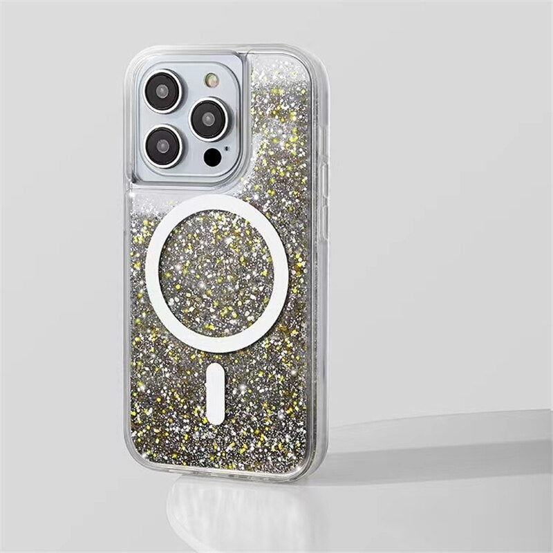 Glitter Liquid Quicksand MagSafe iPhone Case with Anti-Fingerprint TPU Shockproof Protection for iPhone 13 14 15 16 17 Pro Max Air