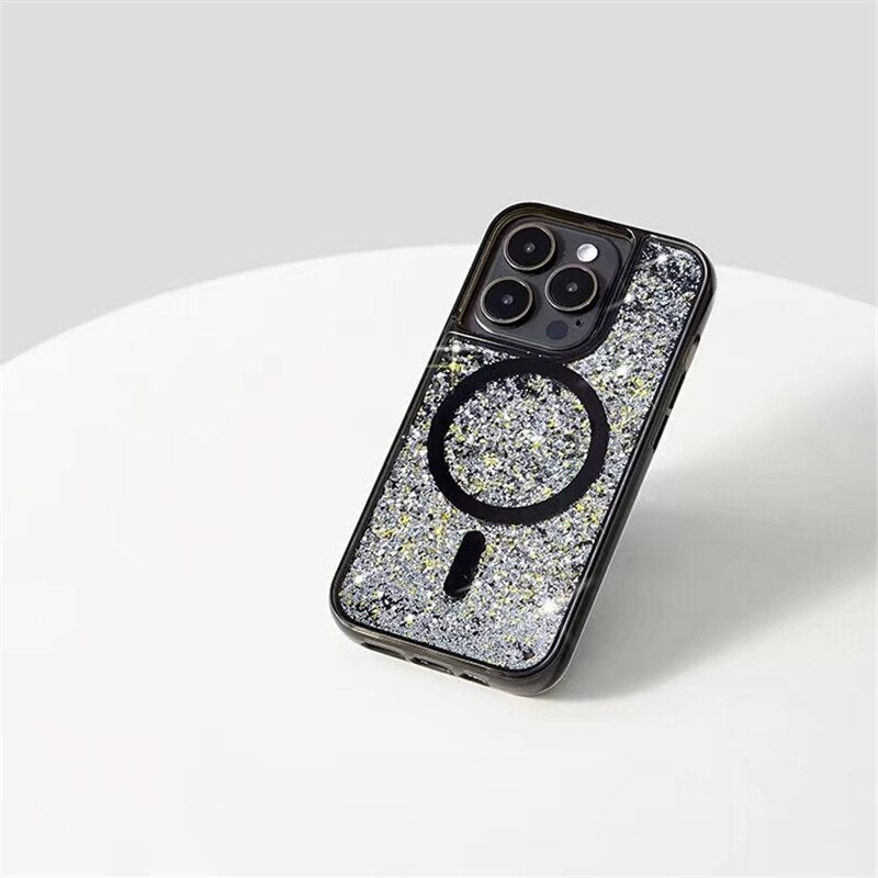 Glitter Liquid Quicksand MagSafe iPhone Case with Anti-Fingerprint TPU Shockproof Protection for iPhone 13 14 15 16 17 Pro Max Air