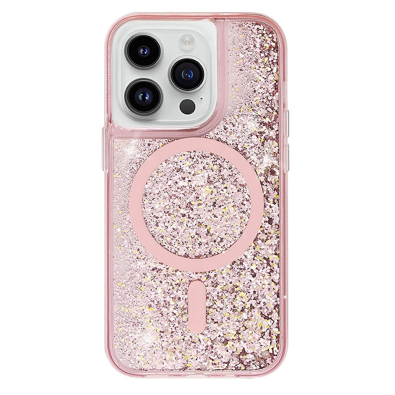 Glitter Liquid Quicksand MagSafe iPhone Case with Anti-Fingerprint TPU Shockproof Protection for iPhone 13 14 15 16 17 Pro Max Air