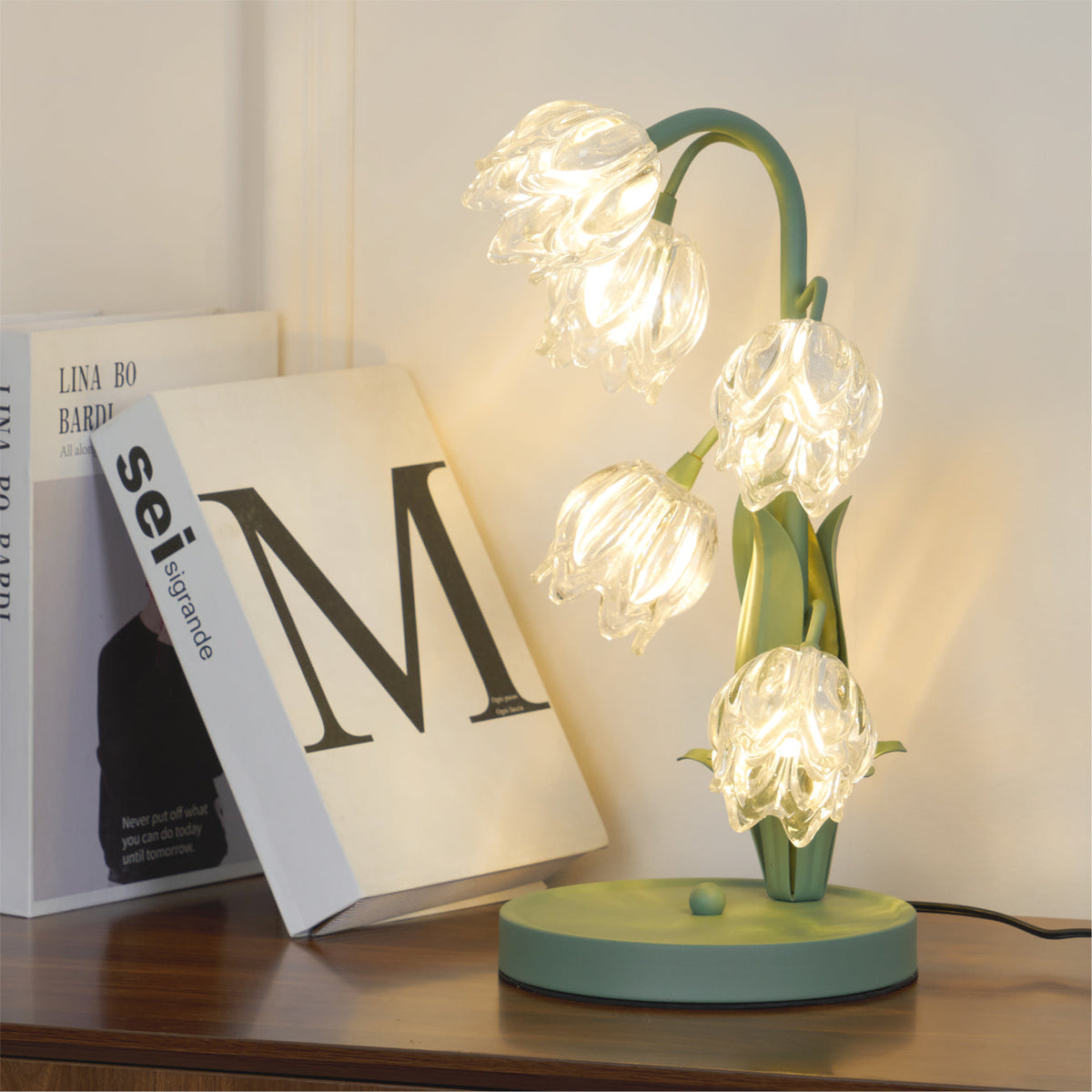 Floral Glass Shade Accent Lamp 7 Inch Green Stem Bedroom Nightstand Light Living Room Decorative Lighting Home Decor Indoor Small Bulb