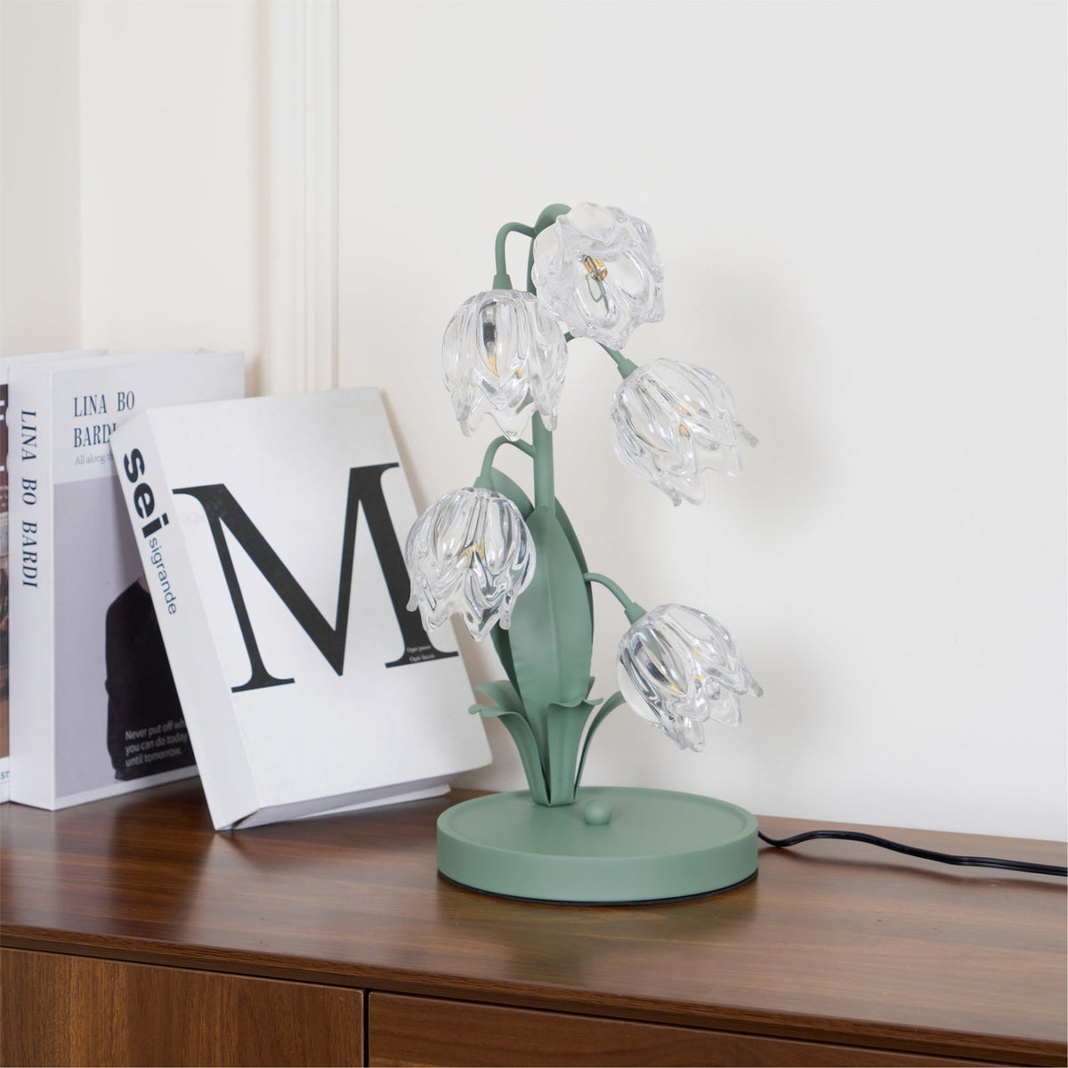 Floral Glass Shade Accent Lamp 7 Inch Green Stem Bedroom Nightstand Light Living Room Decorative Lighting Home Decor Indoor Small Bulb