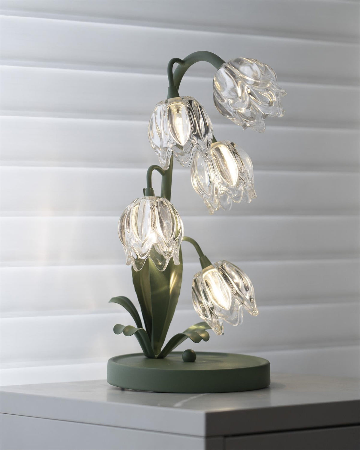 Floral Glass Shade Accent Lamp 7 Inch Green Stem Bedroom Nightstand Light Living Room Decorative Lighting Home Decor Indoor Small Bulb