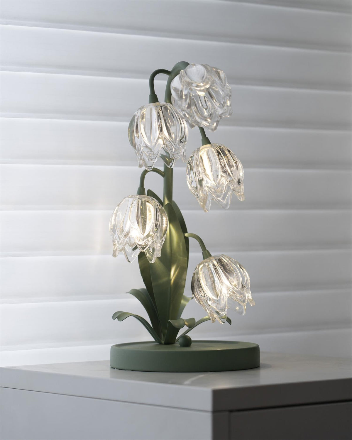 Floral Glass Shade Accent Lamp 7 Inch Green Stem Bedroom Nightstand Light Living Room Decorative Lighting Home Decor Indoor Small Bulb