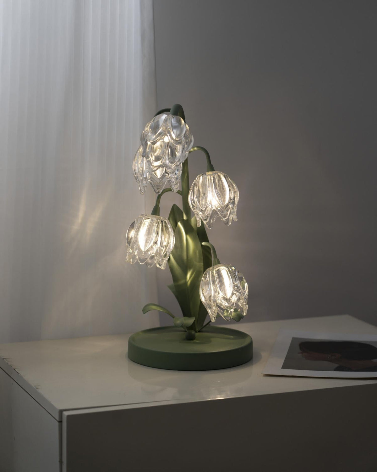Floral Glass Shade Accent Lamp 7 Inch Green Stem Bedroom Nightstand Light Living Room Decorative Lighting Home Decor Indoor Small Bulb