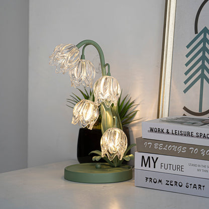 Floral Glass Shade Accent Lamp 7 Inch Green Stem Bedroom Nightstand Light Living Room Decorative Lighting Home Decor Indoor Small Bulb