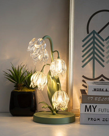 Floral Glass Shade Accent Lamp 7 Inch Green Stem Bedroom Nightstand Light Living Room Decorative Lighting Home Decor Indoor Small Bulb