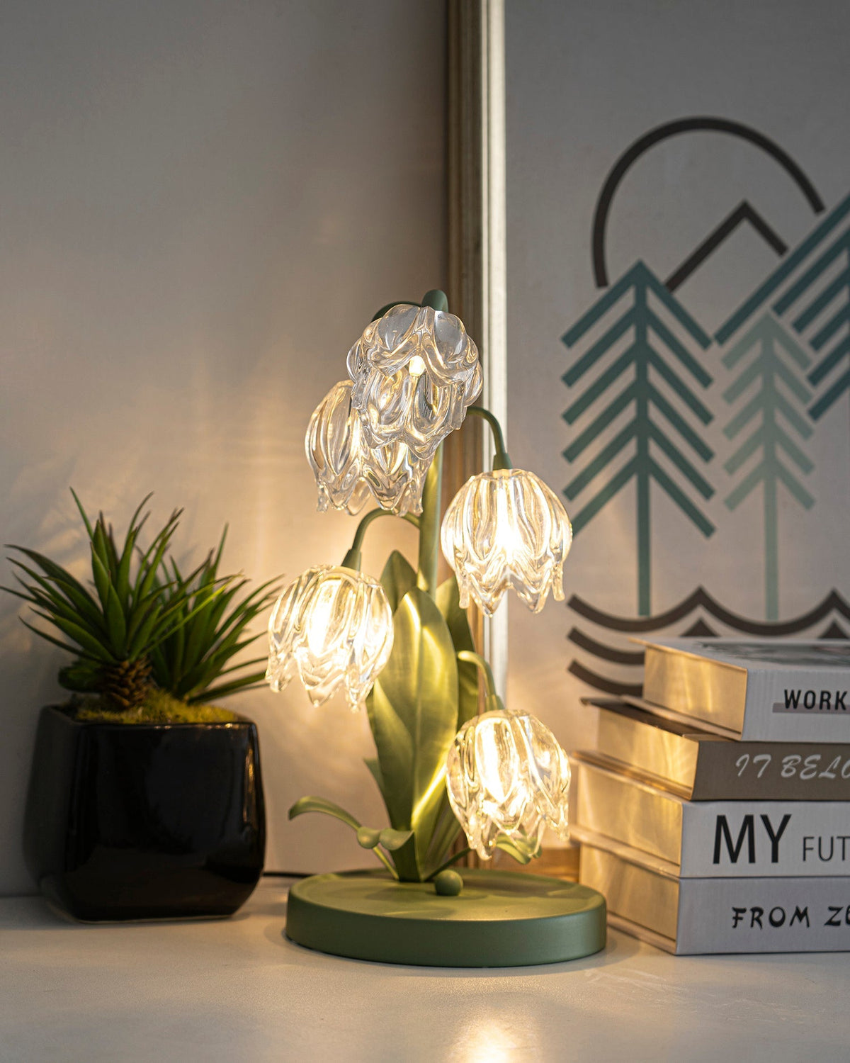 Floral Glass Shade Accent Lamp 7 Inch Green Stem Bedroom Nightstand Light Living Room Decorative Lighting Home Decor Indoor Small Bulb