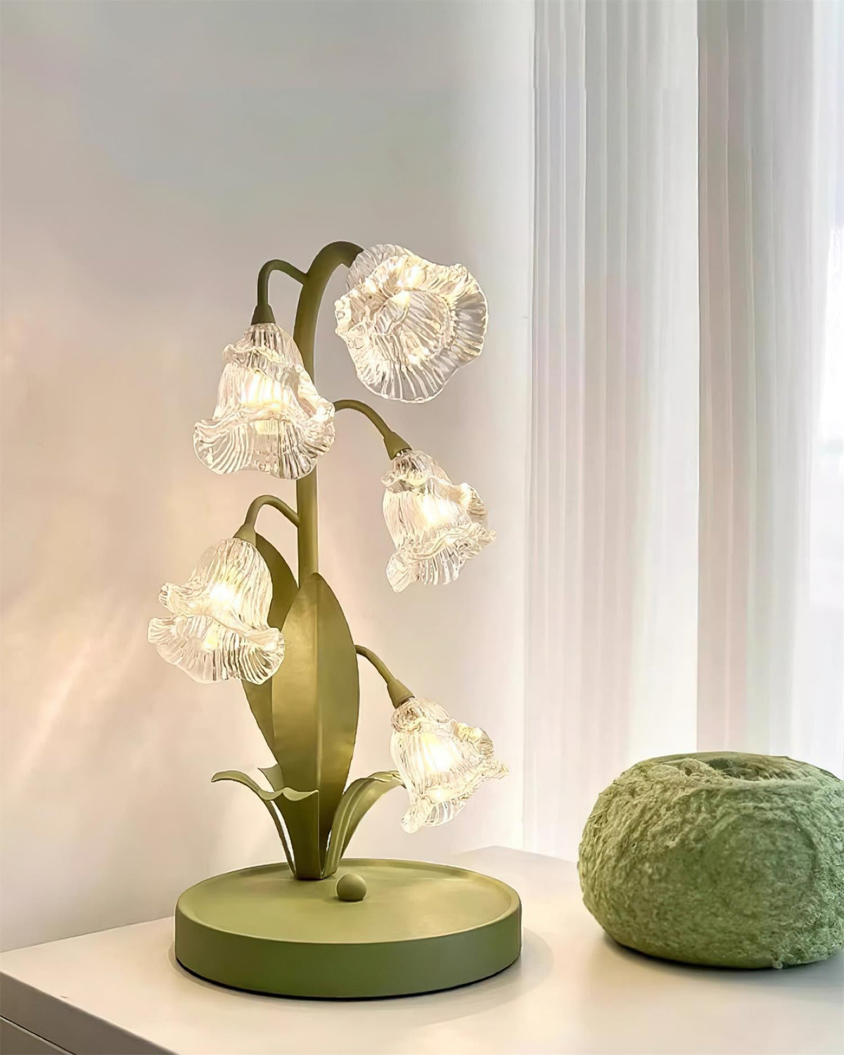 Floral Glass Shade Accent Lamp 7 Inch Green Stem Bedroom Nightstand Light Living Room Decorative Lighting Home Decor Indoor Small Bulb