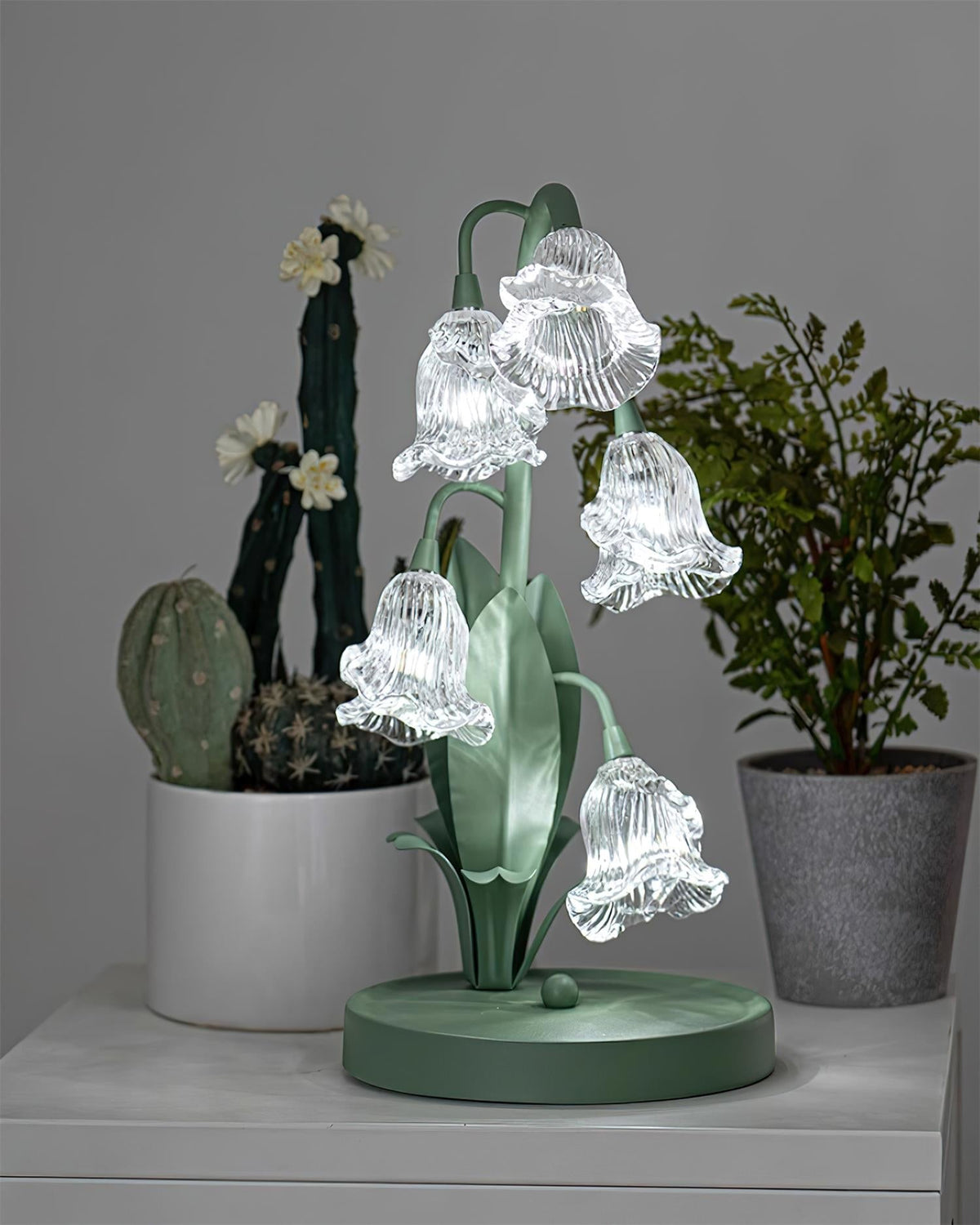 Floral Glass Shade Accent Lamp 7 Inch Green Stem Bedroom Nightstand Light Living Room Decorative Lighting Home Decor Indoor Small Bulb