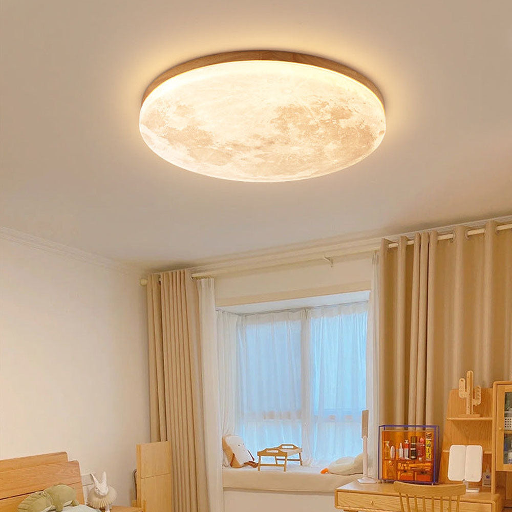 Round Flush Mount LED Fixture Moon Surface Wood & Acrylic 19 in Diameter Low Profile for Bedroom Living Room Hallway Ambient Lighting Japand