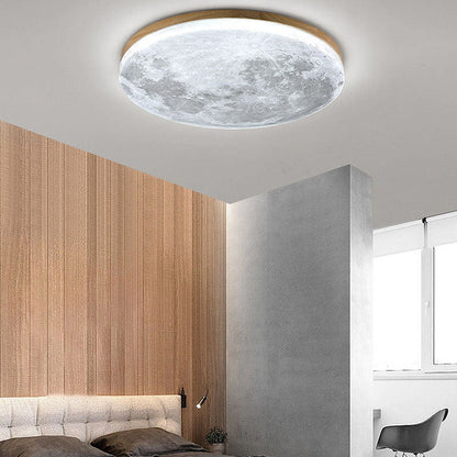 Round Flush Mount LED Ceiling Light with Lunar Surface Design Wood & Acrylic 19 in Diameter for Bedrooms Living Rooms Hallways Modern Ambien
