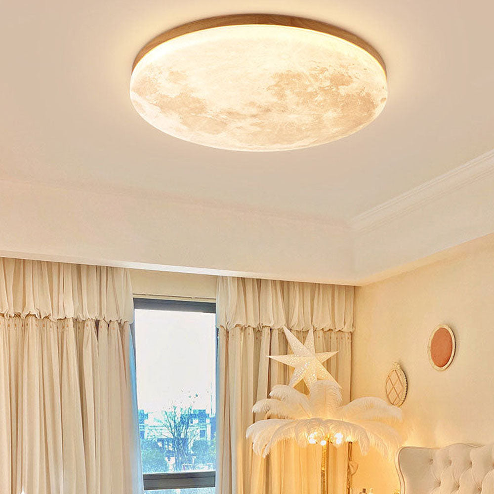 Round Flush Mount LED Ceiling Light with Lunar Surface Design Wood & Acrylic 19 in Diameter for Bedrooms Living Rooms Hallways Modern Ambien