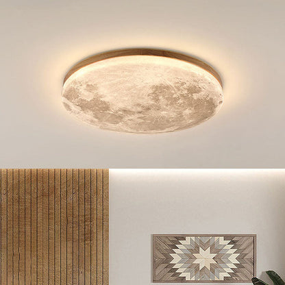 Round Flush Mount LED Ceiling Light with Lunar Surface Design Wood & Acrylic 19 in Diameter for Bedrooms Living Rooms Hallways Modern Ambien