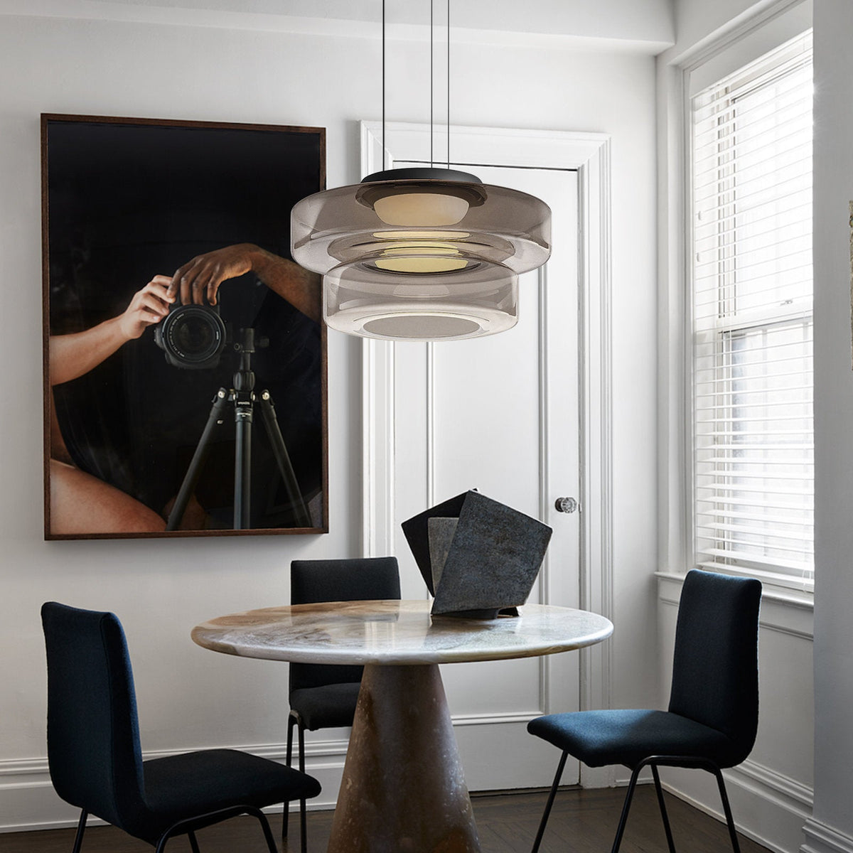 Tiered Glass Hanging Fixture 12 in Amber for Dining Tables Kitchen Islands Contemporary Statement Overhead Illumination