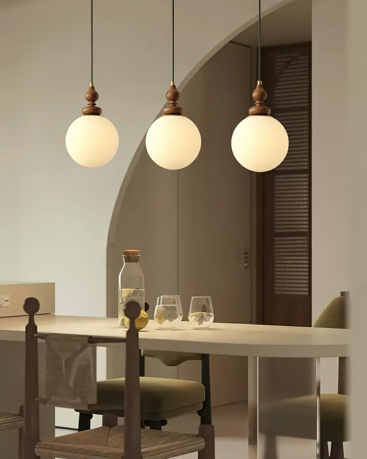 Frosted Glass Globe Hanging Fixture with Natural Wood Canopy 7 Inch Shade Adjustable Cord Kitchen Island Entryway Bedroom Dining Area Modern