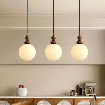 Frosted Glass Globe Hanging Fixture with Natural Wood Canopy 7 Inch Shade Adjustable Cord Kitchen Island Entryway Bedroom Dining Area Modern