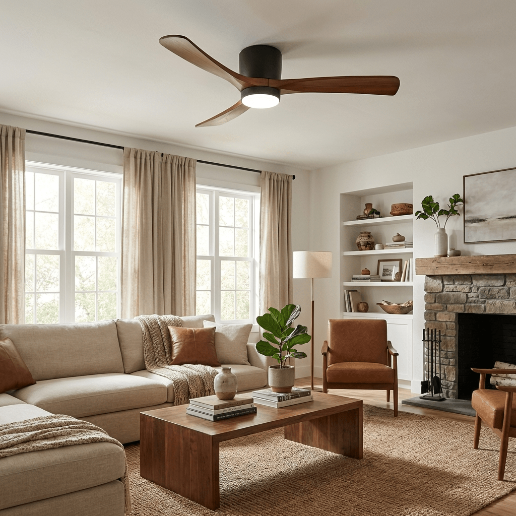 Sycamore Wood Ceiling Fan with LED Light – Whisper-Quiet 6-Speed DC Motor, Reversible Airflow, Remote Control, 42/48/52 Inch