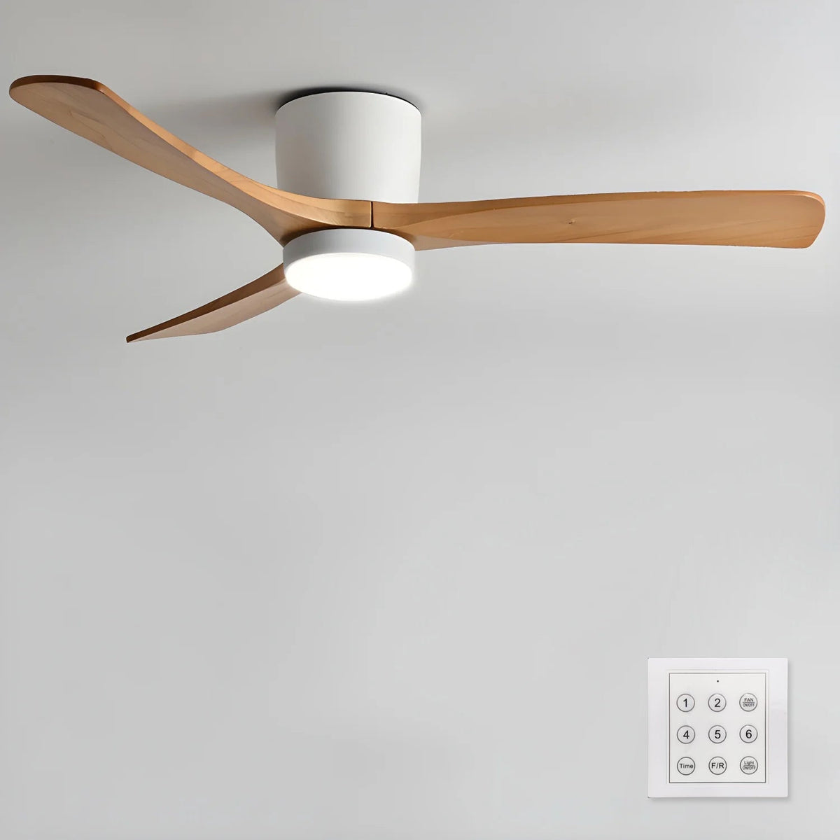 42-Inch Wooden Blade Ceiling Fan with Dimmable LED Light, Ultra-Quiet DC Motor for Bedrooms, Reversible Airflow, Three Color Temperatures, M