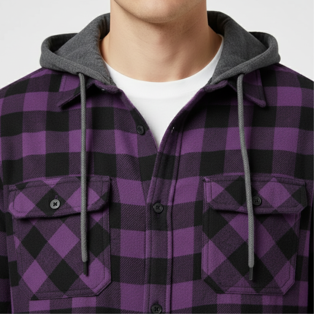 Hooded Plaid Flannel Button-Down Shirt for Men – Long Sleeve Cotton Blend with Double Pockets for Spring Fall Casual Wear