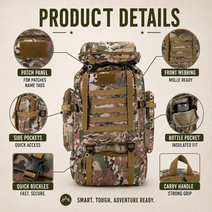 80L Expedition Hiking Backpack – Tactical Multi-Day Trekking Pack with MOLLE Webbing & Padded Straps for Camping & Travel